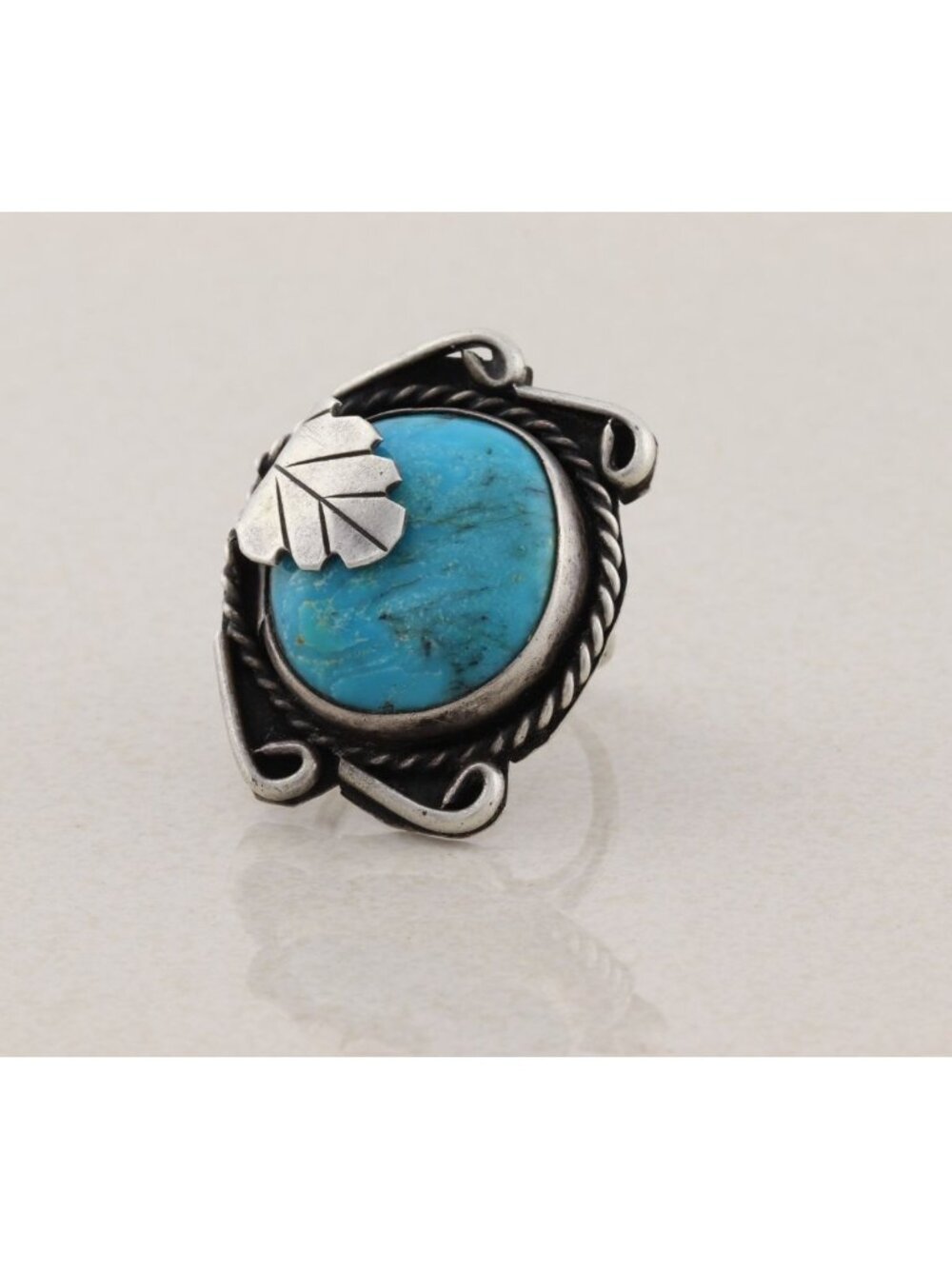 Sterling Silver Natural Round Turquoise Leaf Design Ring Size 7 - Picture 4 of 6